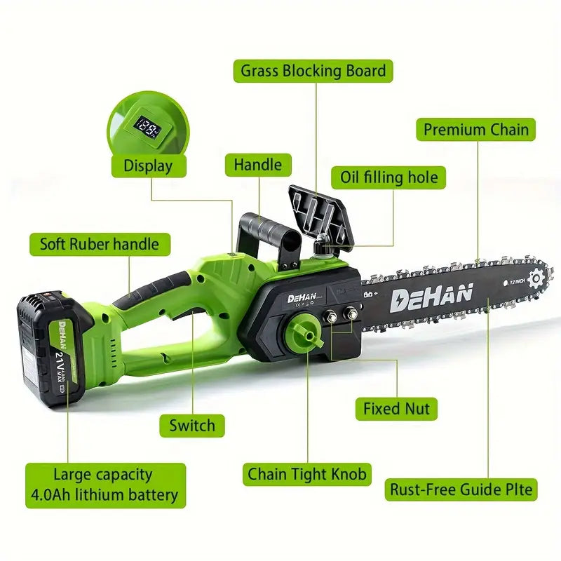 12-Inch Portable Compact Brushless Electric Chainsaw, 2 × 4.0Ah Batteries Powered Chain Saw